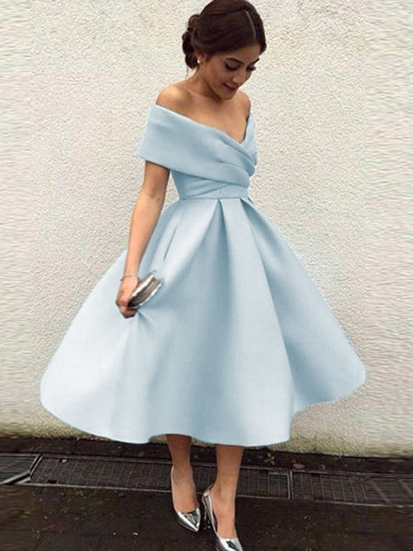 Wholesale A-Line/Princess Sleeveless Off-the-Shoulder Satin Ruffles Tea-Length Dresses